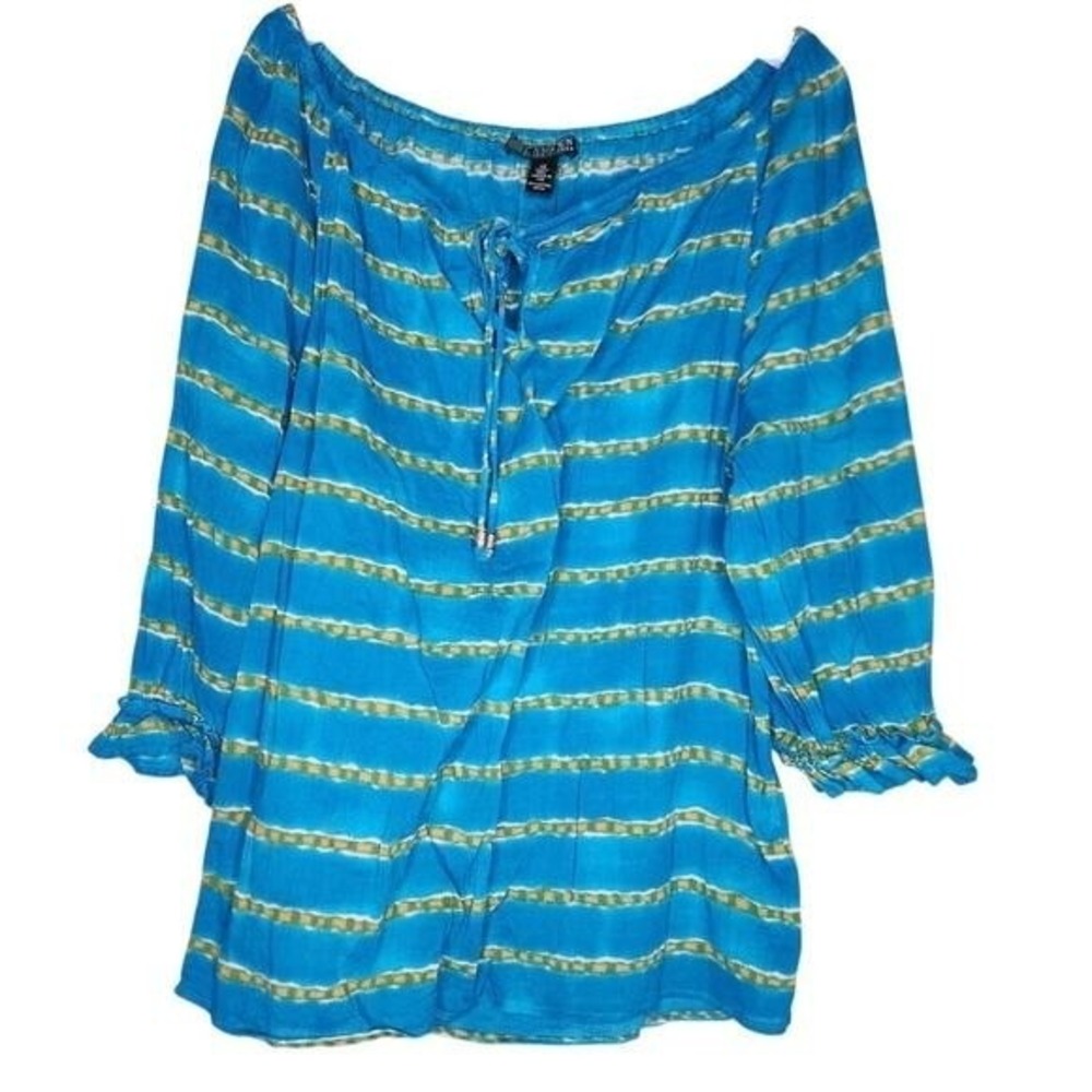 Ralph Lauren LRL Off Shoulder Top Blue Striped Tropical Coastal Lightweight XS